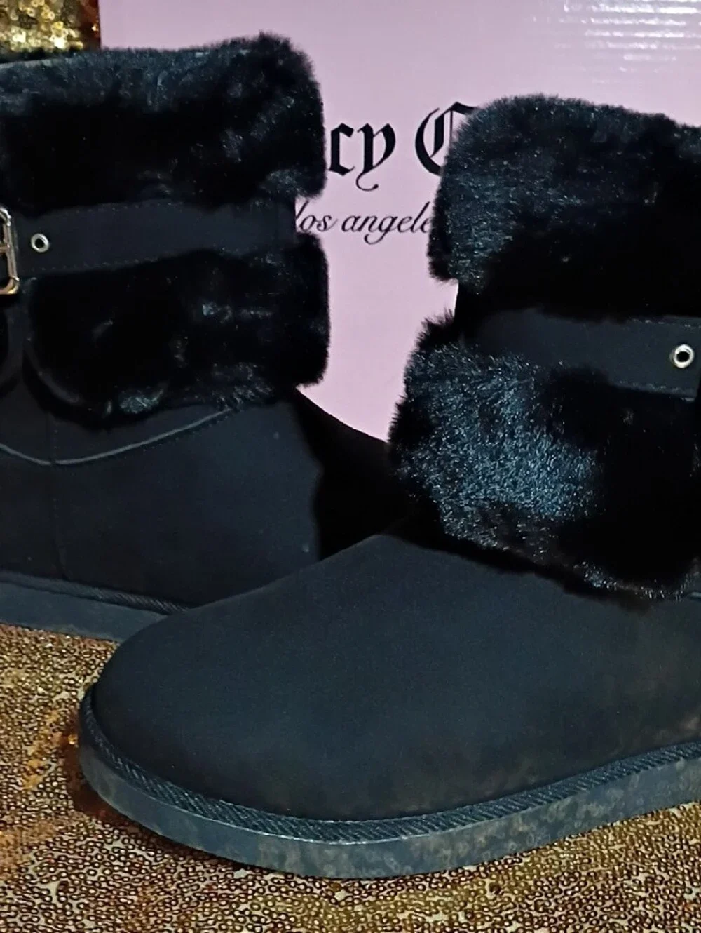 Juicy Couture Black Faux Fur Ankle Boots with Buckle Charm